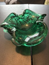 Vintage Emerald Green Art Glass Basket with Twisted Pinched Handle — listing 3