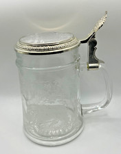 Vintage Bohemia Crystal Beer Stein with Hinged Pewter Lid, Etched Wild Boar Forest Scene