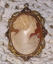 Antique Carved Shell Cameo Pendant with Tri-Color Gold Floral Wreath Frame