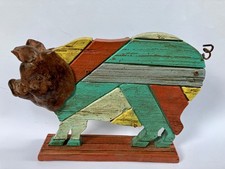 Original Folk Art Oil Painting of a Pig on Canvas, Signed, with Hand-Painted Black & White Striped Wood Frame — listing 5
