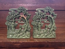Pair of Vintage Chinoiserie Black Lacquer Wood Bookends with Hand-Painted Figural Scenes — listing 2