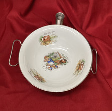 Antique Ceramic Baby Feeding Dish with Dutch Boy & Girl Windmill Decal in Metal Warming Bowl Holder Yes - there's a printed backstamp
