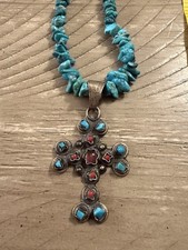 Southwestern Style Branch Coral and Turquoise Beaded Necklace with Silver Cross Pendant — listing 2