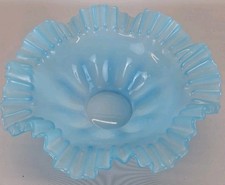 Vintage Blue Ruffled Edge Ribbed Glass Brides Bowl