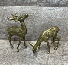 Pair of Vintage Solid Brass Deer Figurines (Standing Buck and Grazing Doe), Made in Korea