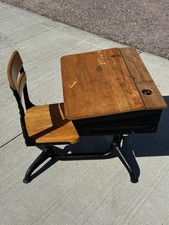 Vintage Wooden Single-Student School Desk with Lift-Top Lid — listing 3