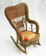 Antique Child's White Wicker Rocking Chair with Solid Wood Seat — listing 4