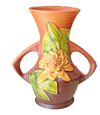 Roseville Water Lily Two-Handled Vase, Brown, 6" (Shape 73-6)