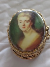 Vintage Round Ormolu Trinket Box with Portrait Miniature Lid and Celluloid Panel — listing 3