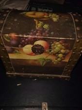 Vintage Dome-Top Wooden Trinket Chest with Wrought Iron Scrollwork Strap Hardware — listing 3