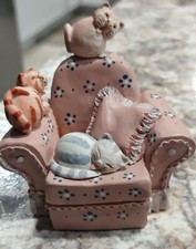 Whimsical Ceramic Black & White Striped Cat Lounging in Floral Armchair Figurine Another name — listing 3
