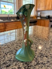 Roseville Pottery Snowberry Double Bud Vase in Blue with Foil Label — listing 3