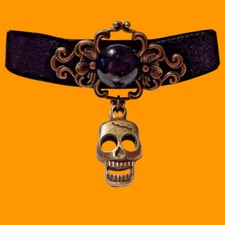 Handcrafted Brass Wire Collar Necklace with Carved Bone Skull and Horn Ring Pendant — listing 3