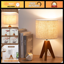 Mid-Century Modern Style Tripod Table Lamp with Turned Wood & Frosted Glass Stem and Green Spiral Fabric Shade — listing 3