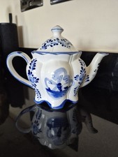 Blue Delft Deco Handpainted Windmill & Floral Teapot, White and Blue
