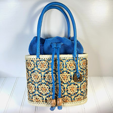 Vintage Crochet Macrame Tote Bag with Suede-Trimmed Wooden Handles — listing 3