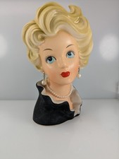Vintage 1950s Ceramic Lady Head Vase with Pink Hat and Gold Trim