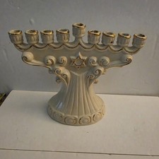 Ceramic Hanukkah Menorah (9-Branch Hanukkiah) with White & Blue Glaze