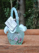 Green Opalescent Glass Ruffled Handled Basket / Bonbon Dish with Embossed Floral & Scroll Pattern — listing 3