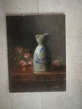 Original Still Life Oil Painting of Pink Flowers in Blue & White Chinoiserie Vase, Gold Frame, listing 6