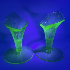 Art Deco Uranium Green Glass Trumpet Vase, Octagonal Foot, 8 inches — listing 6