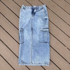 Love Fire Denim Cargo Maxi Skirt with Front Slit and Raw Hem