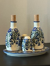 Boleslawiec Polish Pottery Oil & Vinegar Cruet Set with Tray, Blue Grape Pattern, 3-Piece