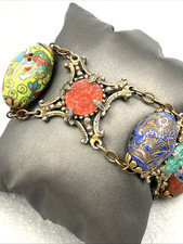 Vintage Chinese Cloisonné Enamel Floral Bead Stretch Bracelet