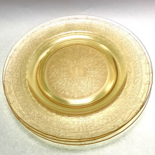 Vintage Yellow Vaseline Depression Glass Open Sugar and Creamer Set, Patrician/Cameo-Style Etched Pattern, 3 1/4"