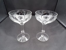 Set of 7 Vintage Wheel-Cut Floral Etched Champagne Coupe Glasses
