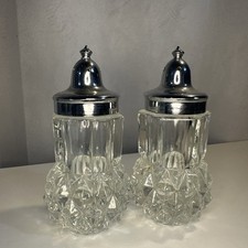 Vintage Diamond Cut Pattern Glass Salt & Pepper Shaker Set with Chrome Lids — listing 4