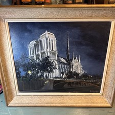 Vintage Mid-Century Oil Painting of Notre Dame Cathedral & Seine, Paris Street Scene, Signed, Framed 42" x 32" — listing 4