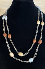 Long Beaded Station Necklace with Antiqued Gold-Tone Beads and Black Marbled Nuggets — listing 3