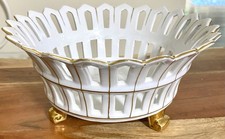 Andrea by Sadek Reticulated Porcelain Oval Basket with Blue Floral Lattice and Gold Trim — listing 3