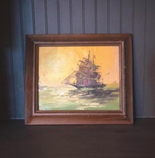 Framed Black & White Photographic Print of Tall Ship at Sunset — listing 3