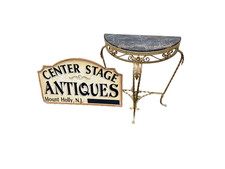Teal Wrought Iron Demilune Console Table with Glass Top and Floral Rosette Medallion — listing 4