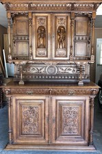 Antique Italian Renaissance Revival Carved Walnut Breakfront Sideboard / Credenza, 72" x 47" x 25" — listing 2