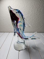 Art Glass Paperweight with Dolphin and Blue Swirl Design, Controlled Bubbles — listing 2