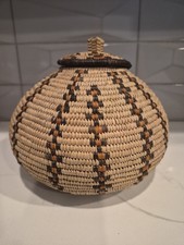 Antique Woven Rattan Lidded Basket with Carved Wood Bird Finial — listing 2
