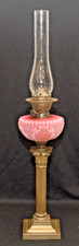Victorian Brass Banquet Oil Lamp with Pink Opaline Glass Font and Ruffled Cranberry Satin Shade