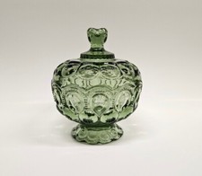 Vintage Green Glass Moon and Stars Pattern Ruffled Rim Footed Compote — listing 3