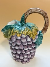 Vintage Majolica-Style Grape & Leaf Relief Pitcher, Brown & Green Drip Glaze — listing 2