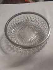Vintage Cut Glass Serving Bowl with Silver-Plated Rim, Diamond & Fan Pattern, 9in — listing 4