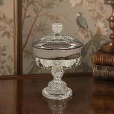 Pressed Glass Covered Candy Dish with Starburst Pattern and Finial Lid — listing 2