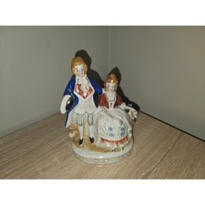 Colonial Courting Couple Porcelain Figurine, Lady with Harp and Gentleman on Bench, Blue and Gold Victorian Style — listing 5
