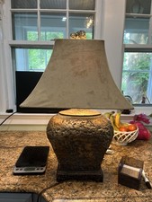Distressed Cream Carved Table Lamp with Burlap Drum Shade — listing 6