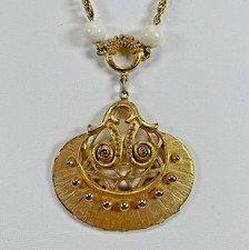 Vintage Egyptian Revival Matte Gold-Tone Link Necklace with Black Cabochons — listing 3
