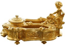 French Gilt Bronze Covered Urn with Putto Finial on Rouge Marble Base — listing 5