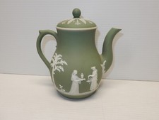 Antique Brown Jasperware Coffee Pot with White Classical Relief Figures and Grapevine Border — listing 5