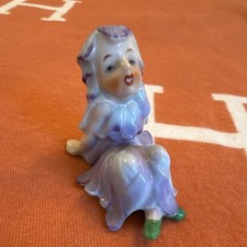 Porcelain Fairy Figurine Seated on Pink Lotus Flower with Green Butterfly Wings
